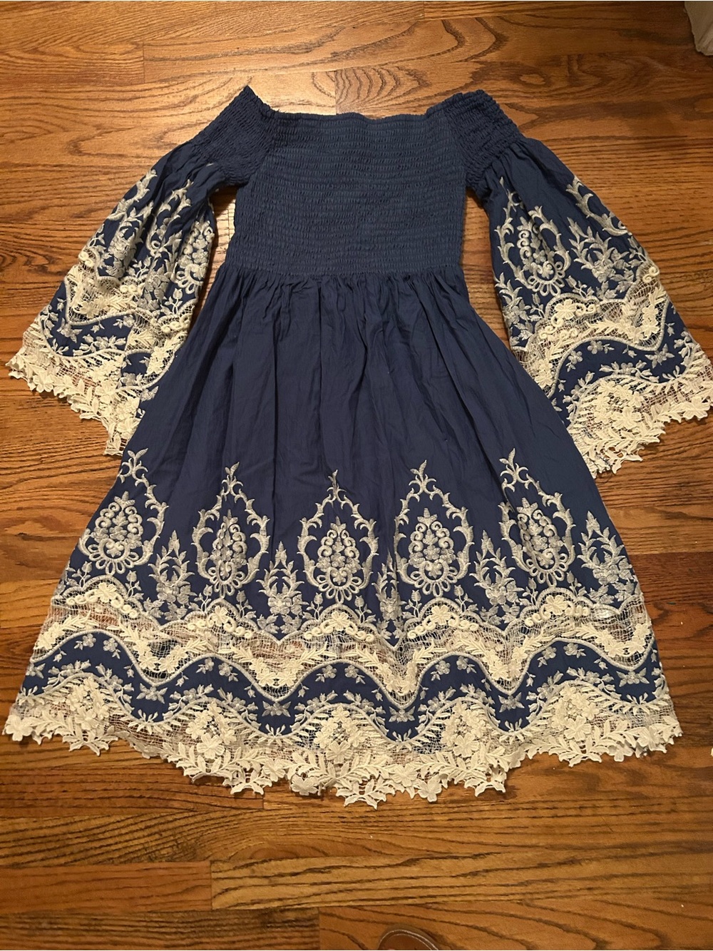 Antica Sartoria Women’s Cotton Blue & Cream Lacy  Boho Off The Shoulder Dress
